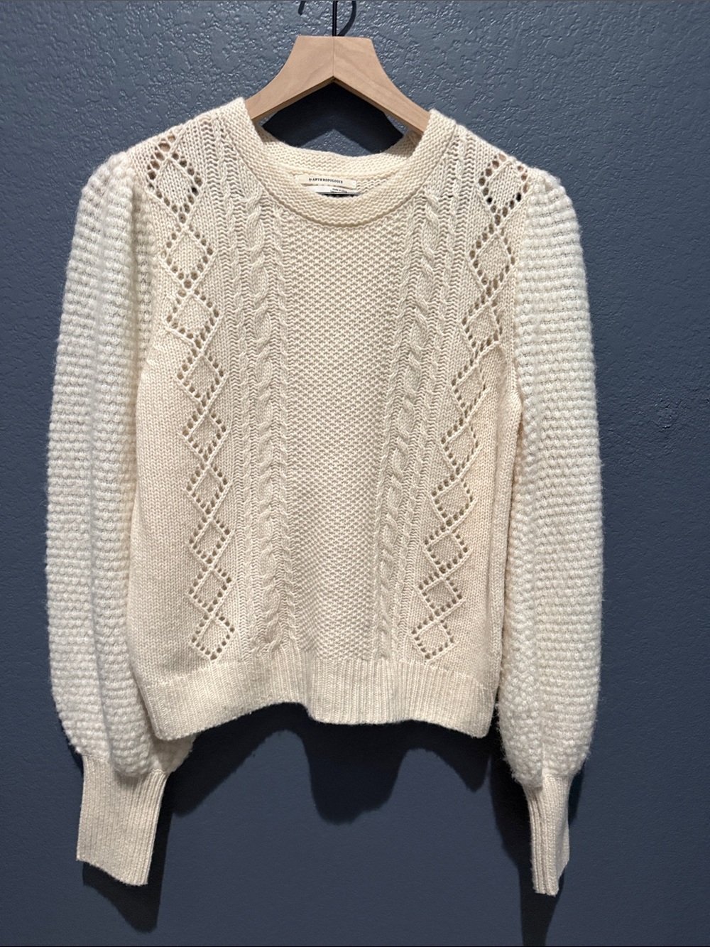 NWOT Anthropologie Cozy Cream Cable-Knit 100 Lambswool Sweater Sz Small